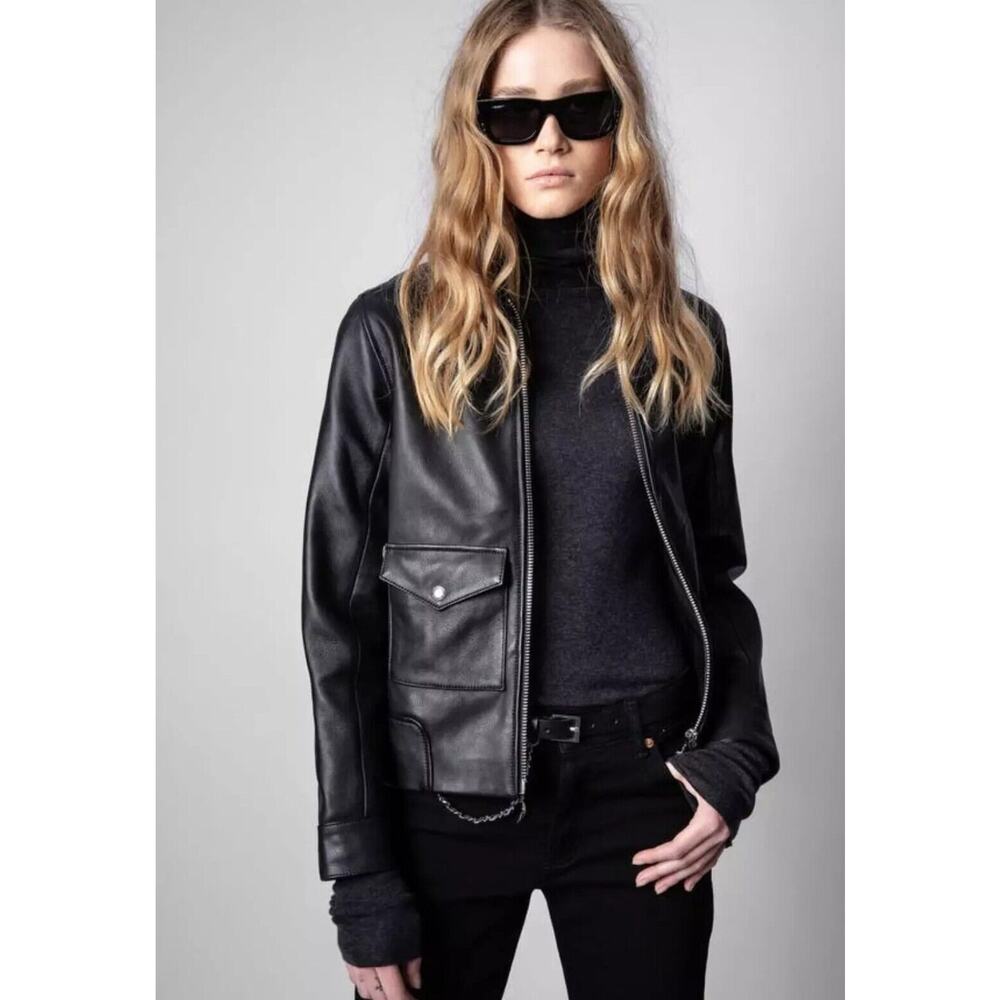 Zadig & Voltaire Lazy Cuir Lisse Black leather motorcycle jacket $998, sz 38 NWT